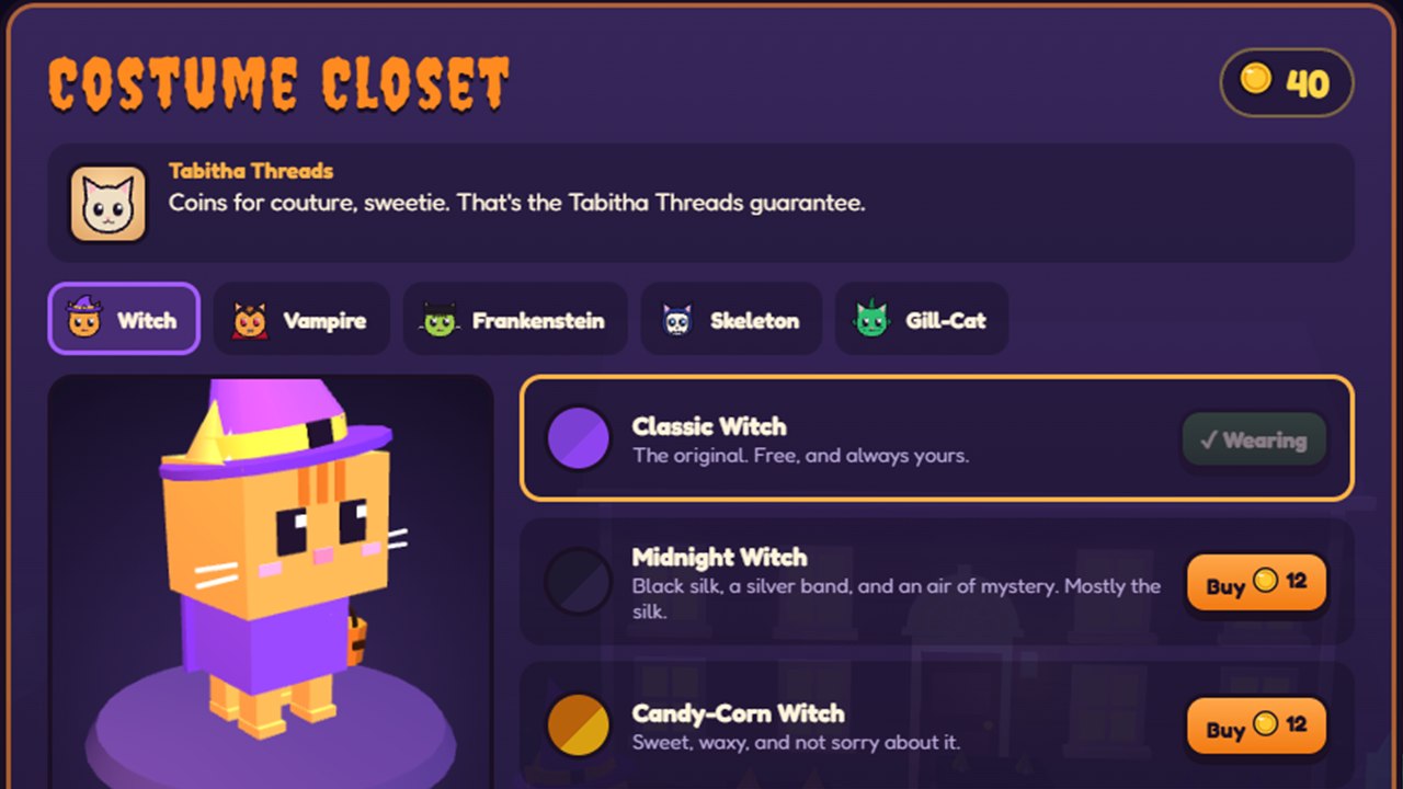 The Costume Closet shop, showing the Classic Witch on a turntable and new witch looks to buy with coins